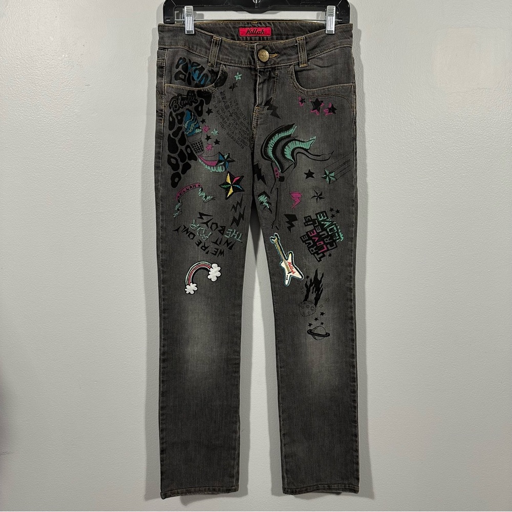 Killah Gray Straight Leg y2k-style Trix Trousers w colorful graphics size 27